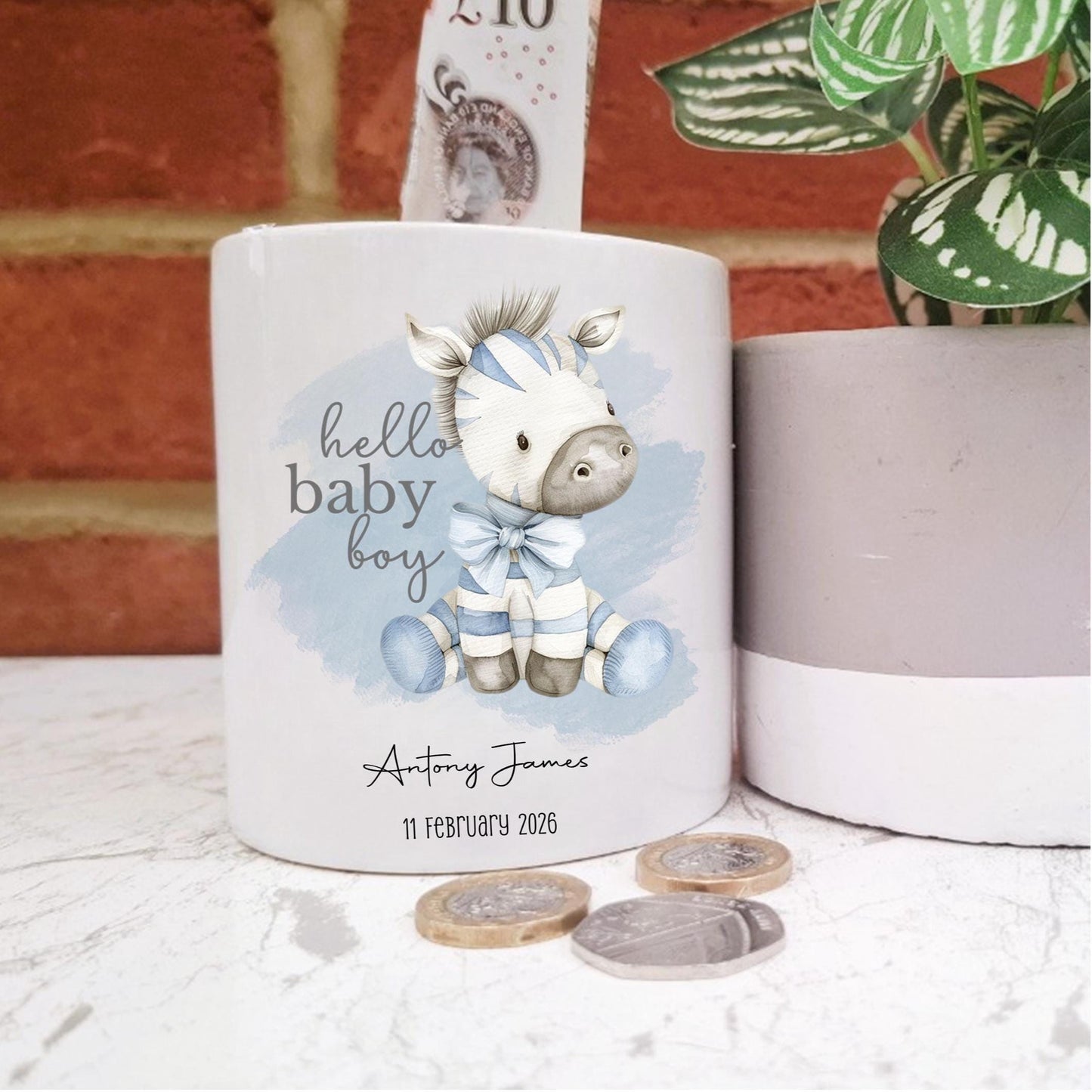 Personalised baby boy Zebra moneybox, new baby gift, Hello Baby keepsake gift for newborn baby boy