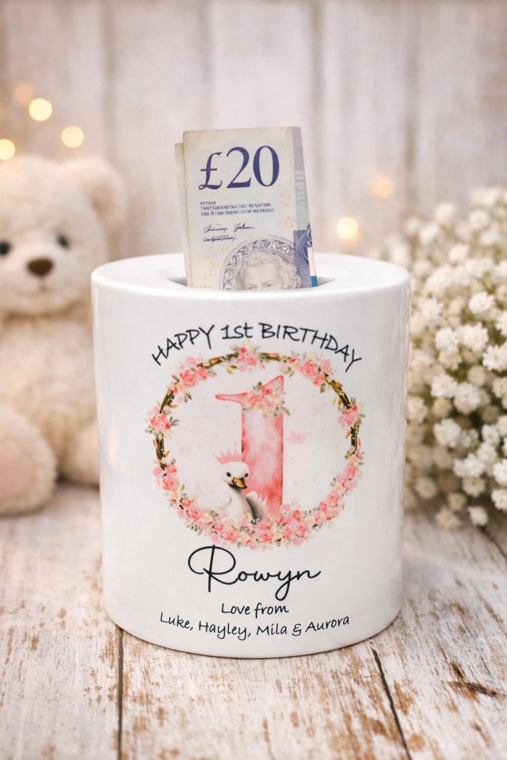 Personalised 1st birthday Swan Money Box - Baby Girl's 1st Birthday Gift, baby's first birthday keepsake present