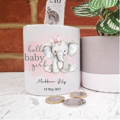 Personalised baby girl elephant money box, Hello Baby moneybox, personalised new baby girl gift