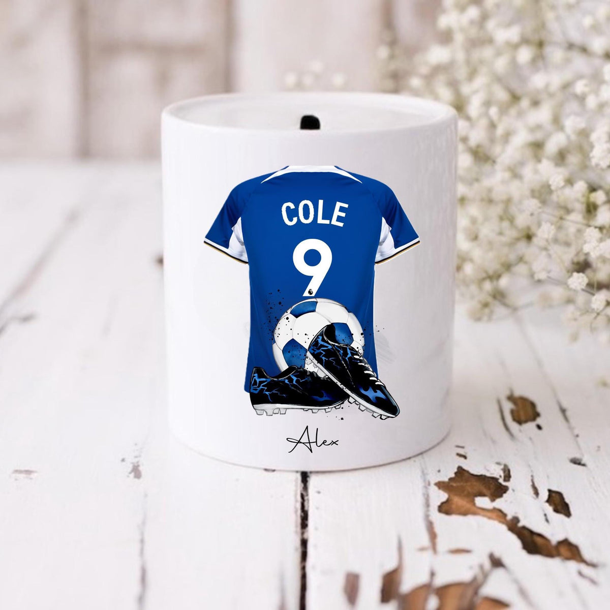 Personalised blue football team inspired Money Box, blue football money box, blue ceramic piggy bank