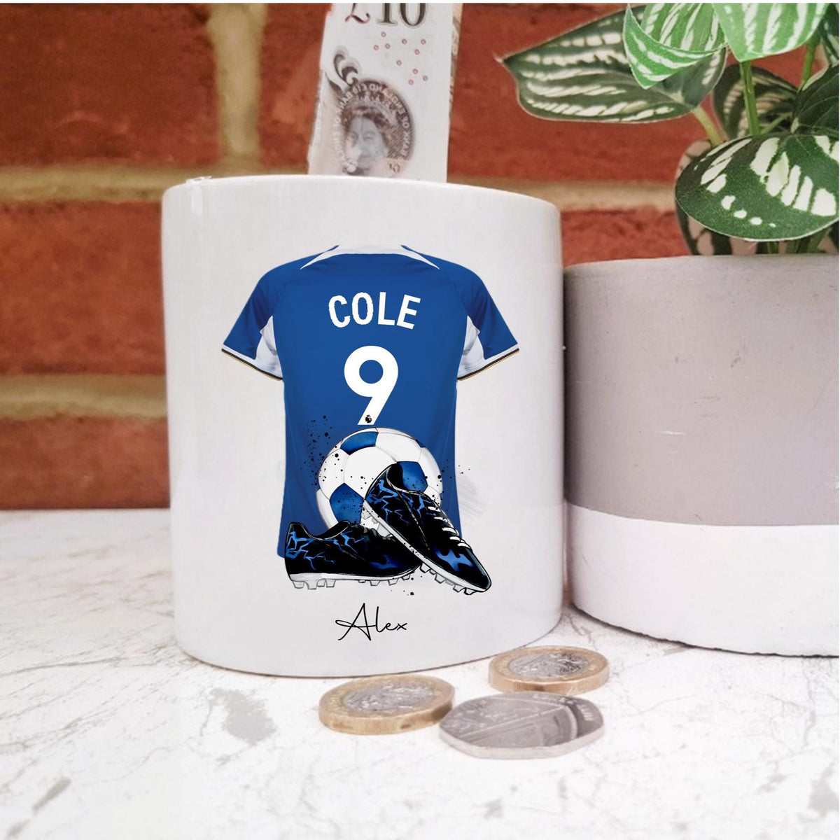 Personalised blue football team inspired Money Box, blue football money box, blue ceramic piggy bank