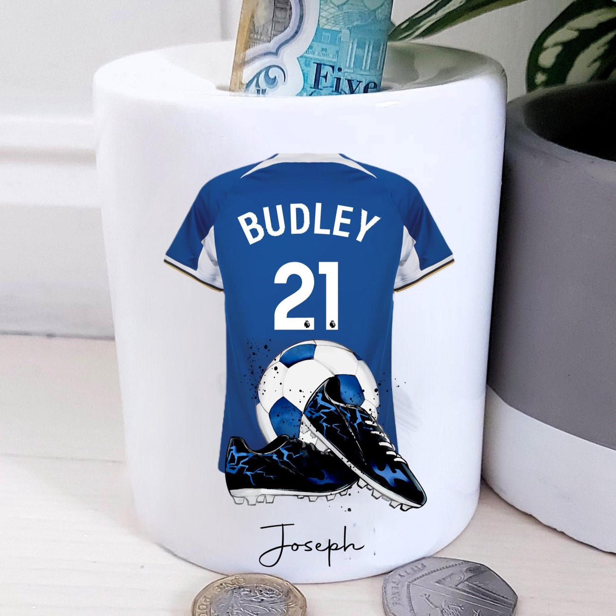 Personalised blue football team inspired Money Box, blue football money box, blue ceramic piggy bank