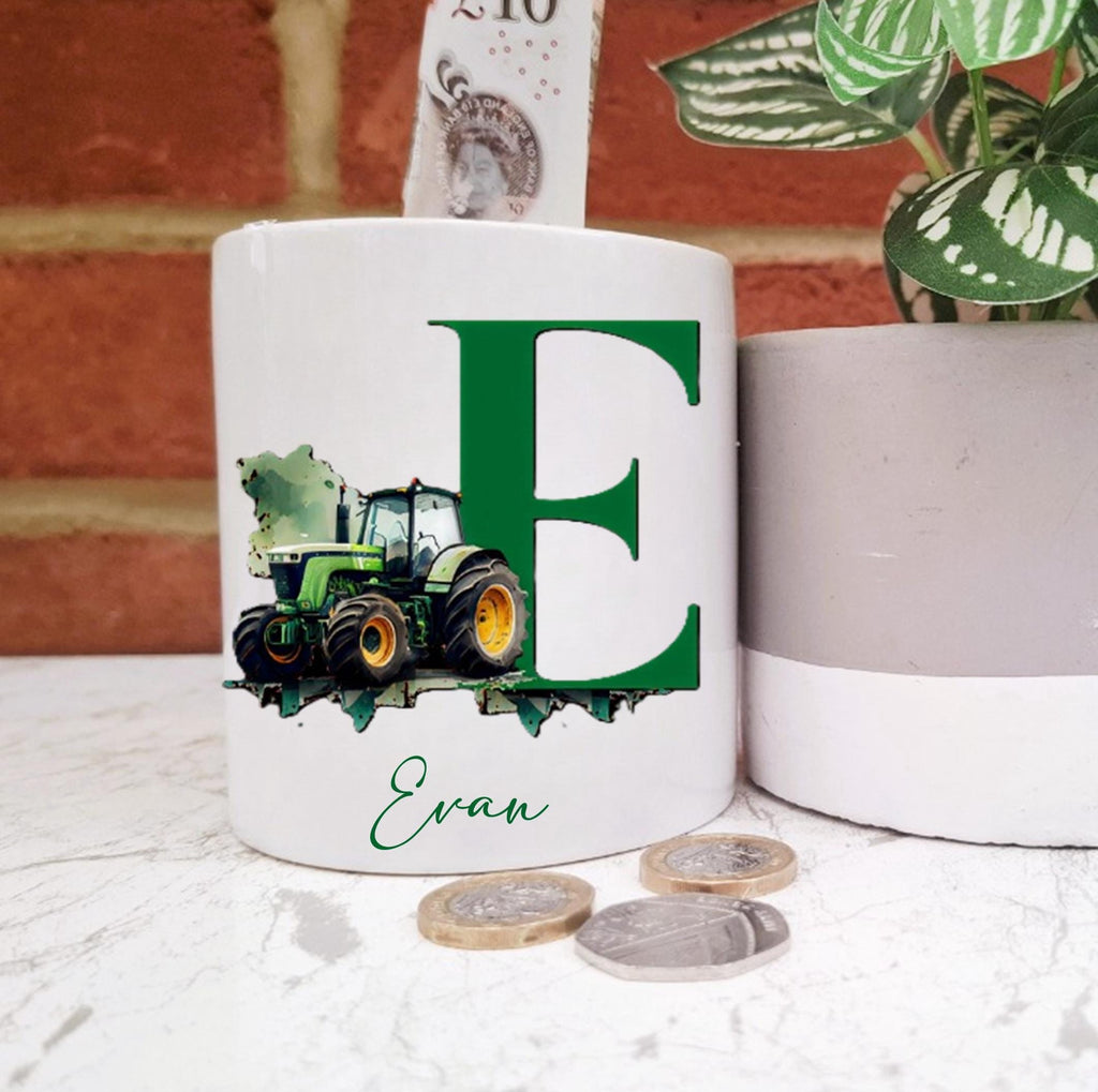Personalised Tractor moneybox, boys farm decor, farm themed savings bank, tractor penny pot