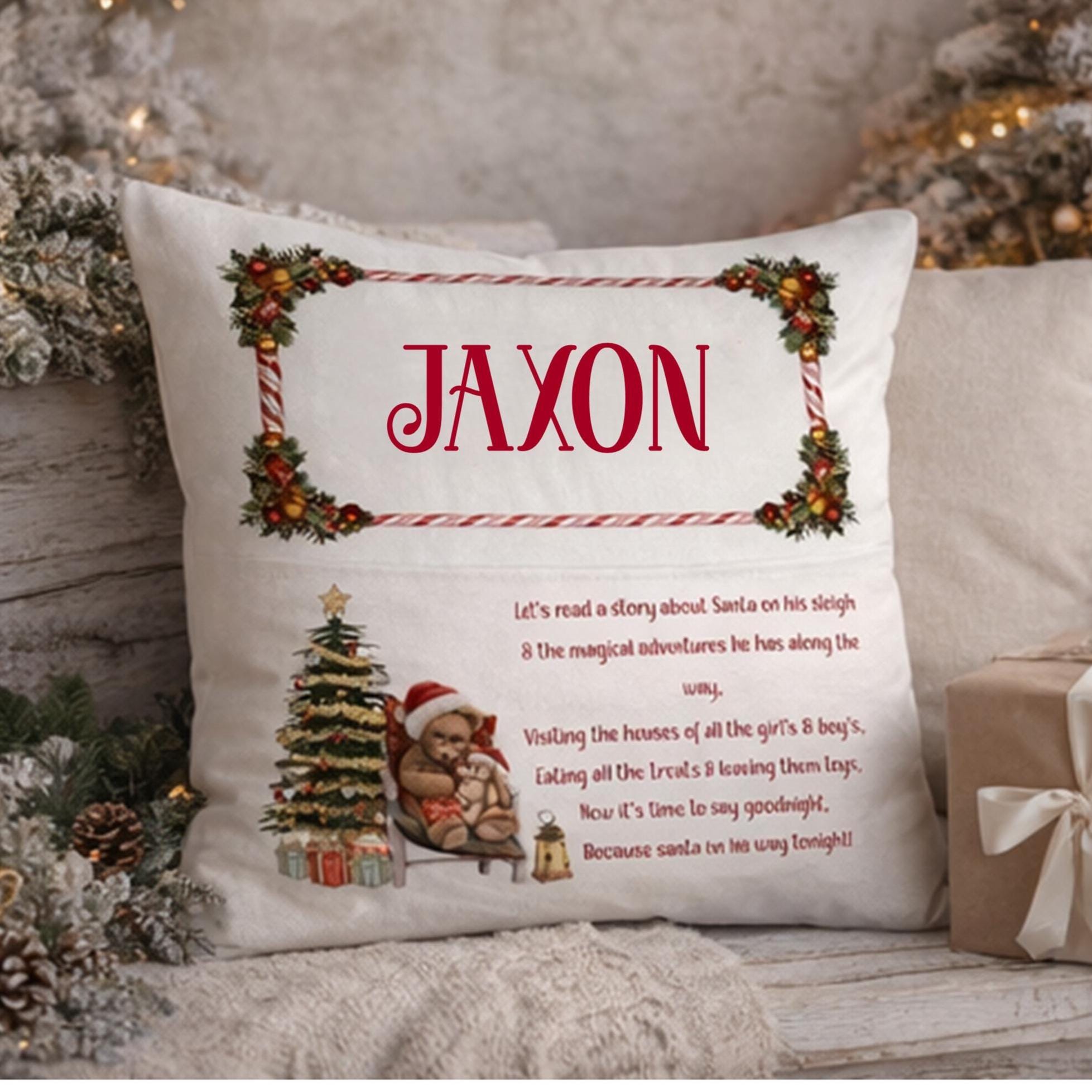 Personalised teddy bear Christmas Reading Cushion, Teddy Bear Poem Pocket Pillow, Christmas pocket cushion