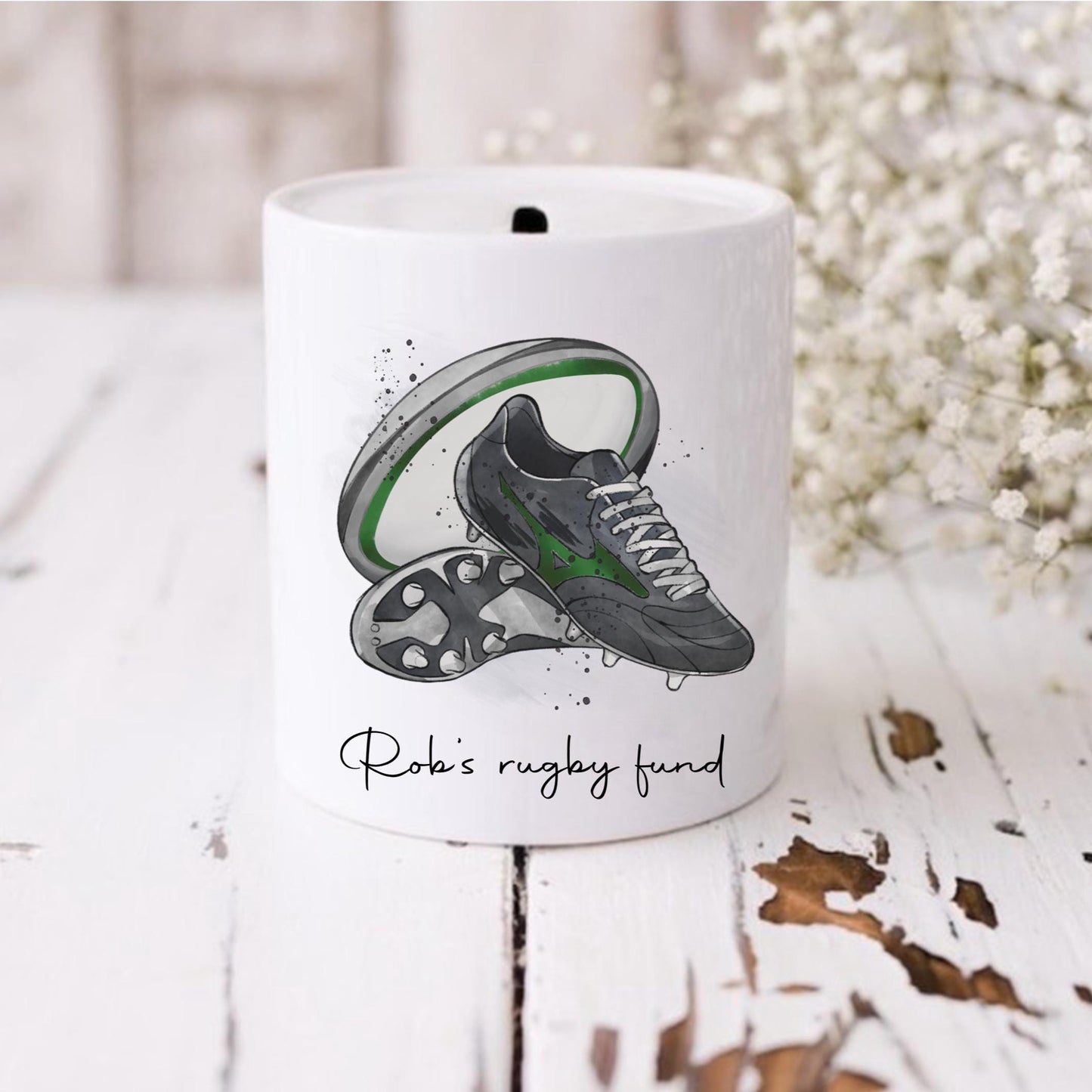 Personalised rugby money Box, rugby boots savings jar, rugby fund, boys rugby piggy bank, girls rugby piggy bank