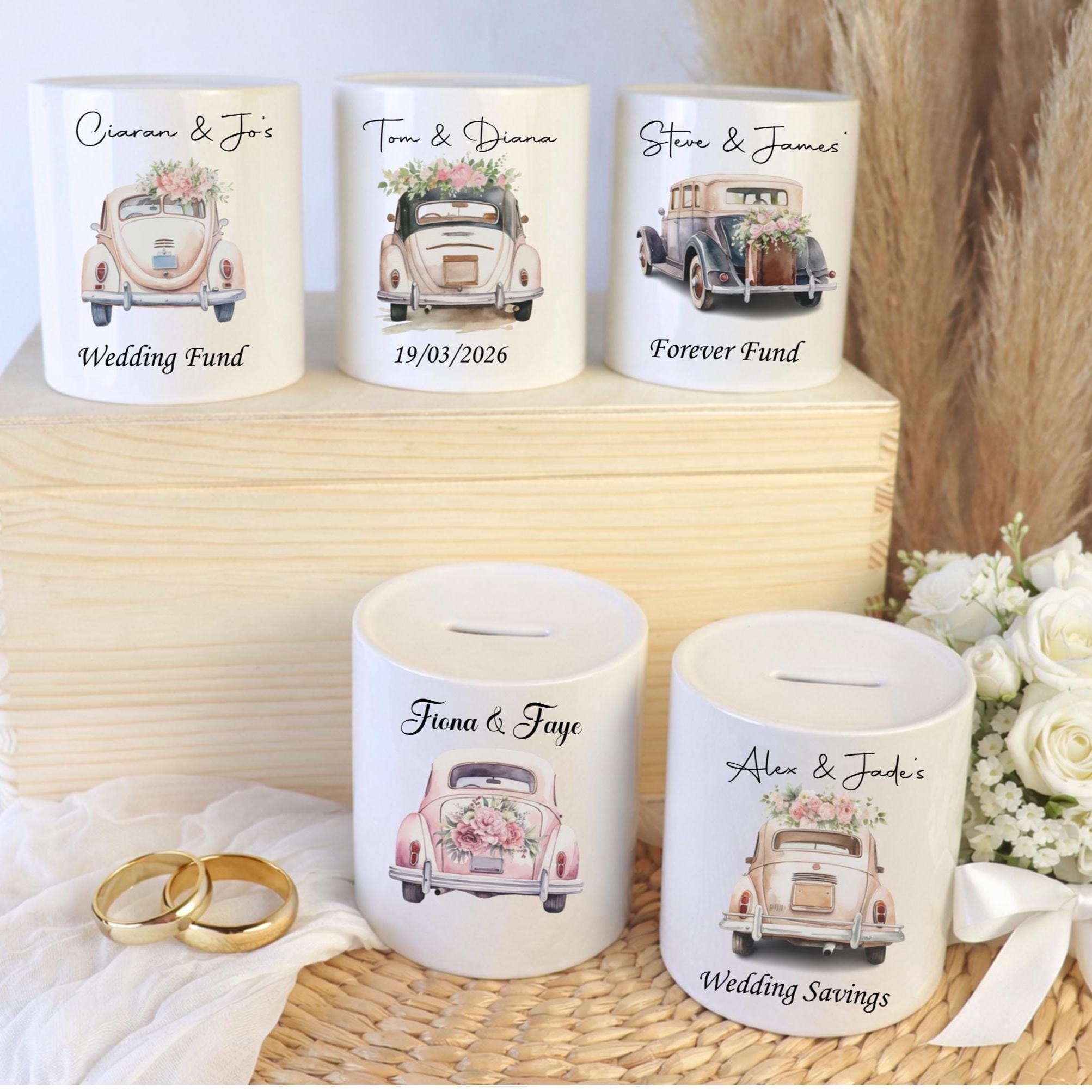 Personalised wedding savings, wedding fund, wedding car moneybox,