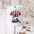Personalised red and white stripe football money box, red striped football kit, football team moneybox,  football team merchandise