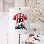Personalised red and white stripe football money box, red striped football kit, football team moneybox,  football team merchandise