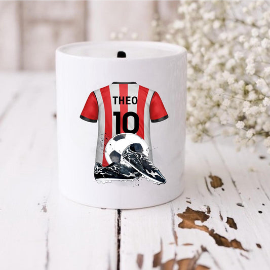 Personalised red and white stripe football money box, red striped football kit, football team moneybox,  football team merchandise