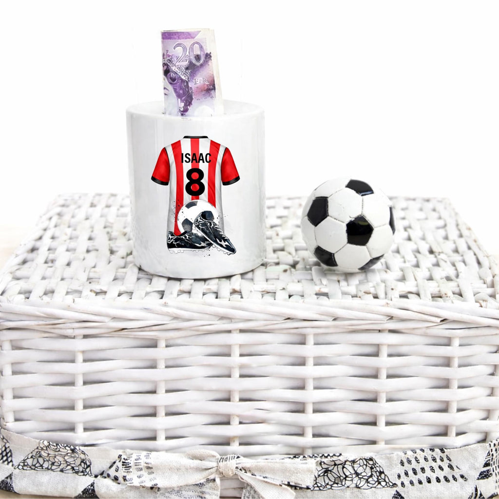 Personalised red and white stripe football money box, red striped football kit, football team moneybox,  football team merchandise