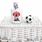 Personalised red and white stripe football money box, red striped football kit, football team moneybox,  football team merchandise