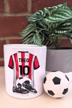 Personalised red and white stripe football money box, red striped football kit, football team moneybox,  football team merchandise