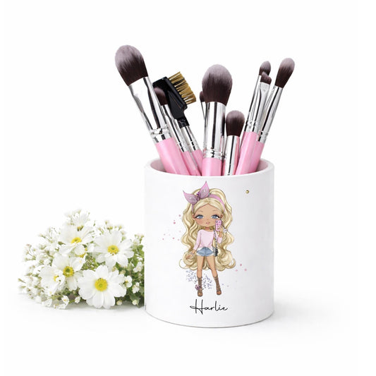 Personalised girl's character makeup brush holder, mascara holder, eye pencil storage, gift for a teenage girl