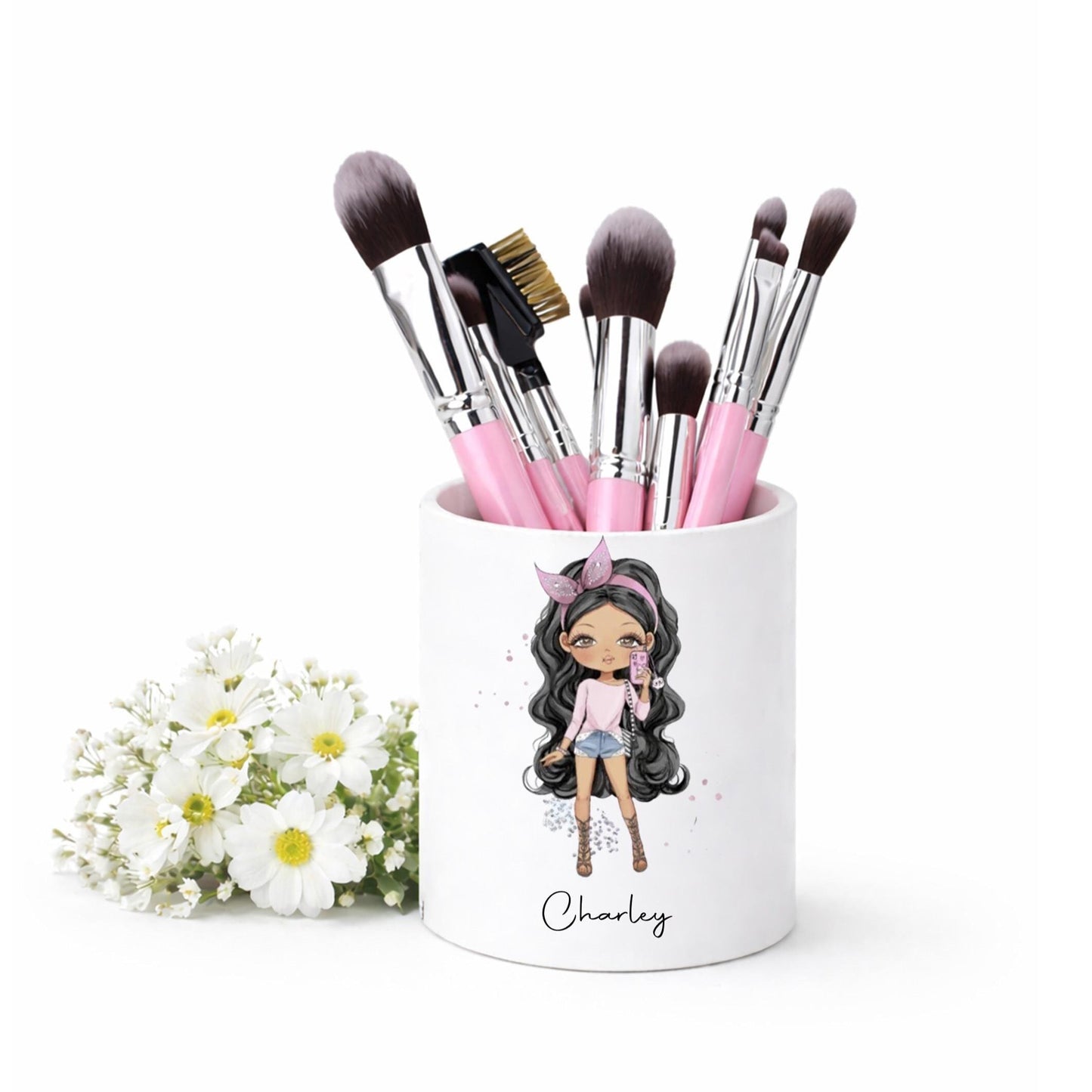 Personalised girl's character makeup brush holder, mascara holder, eye pencil storage, gift for a teenage girl