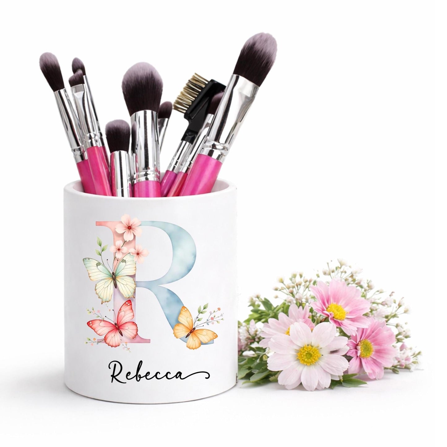 Personalised butterfly monogram Makeup Brush Holder: Floral butterfly Makeup brush Ceramic Pot
