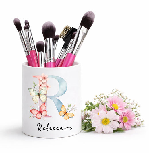 Personalised butterfly monogram Makeup Brush Holder: Floral butterfly Makeup brush Ceramic Pot