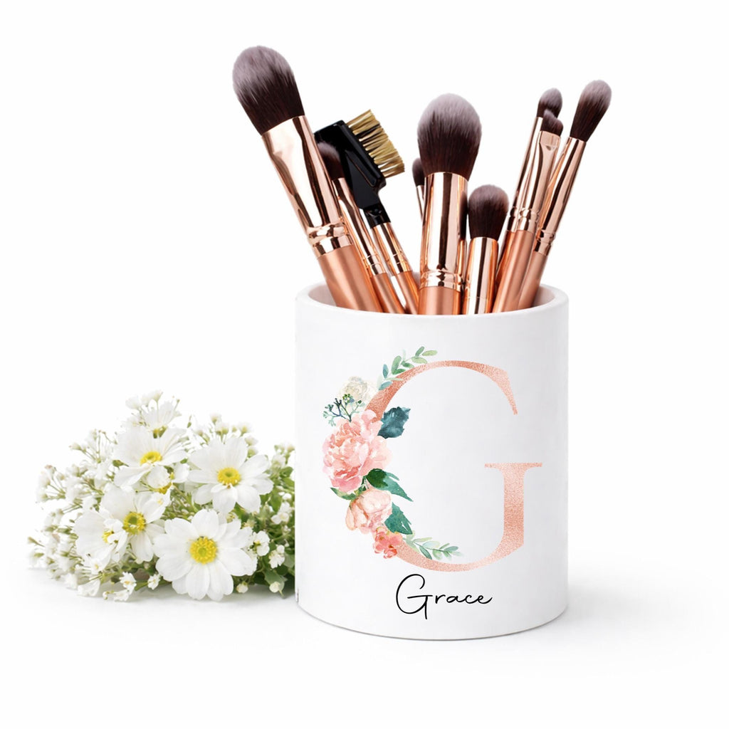 Personalised floral monogram Makeup Brush Holder: rose gold initial Makeup brush Ceramic Pot