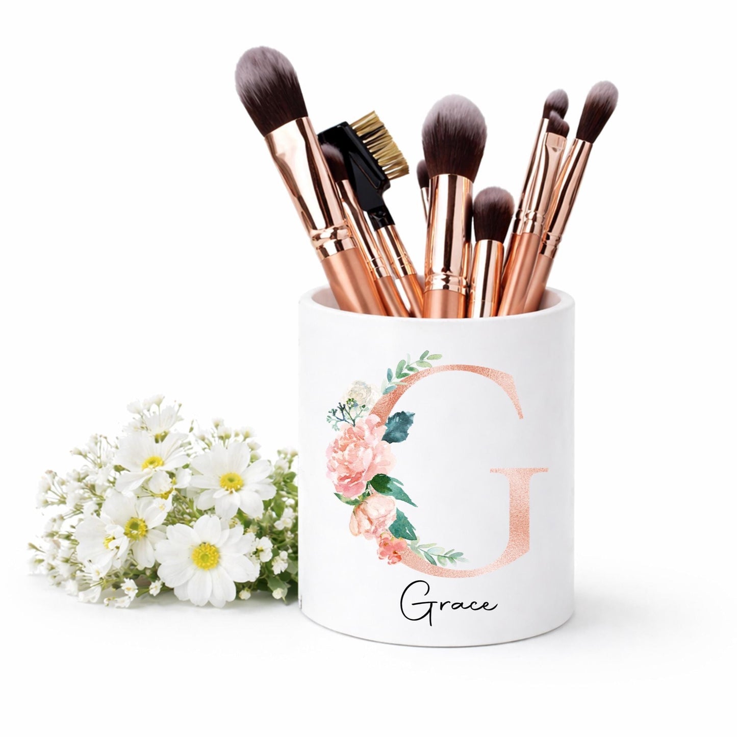 Personalised floral monogram Makeup Brush Holder: rose gold initial Makeup brush Ceramic Pot