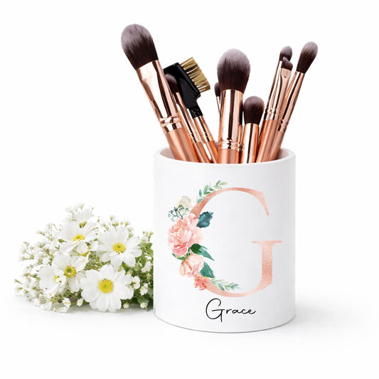 Personalised floral monogram Makeup Brush Holder: rose gold initial Makeup brush Ceramic Pot
