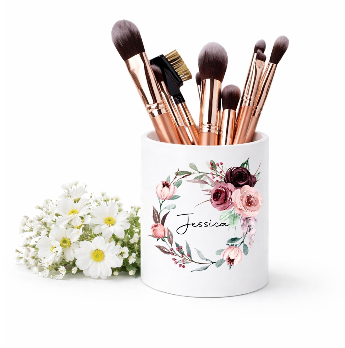 Personalised floral wreath Makeup Brush Holder watercolour burgundy wreath Makeup brush Ceramic Pot