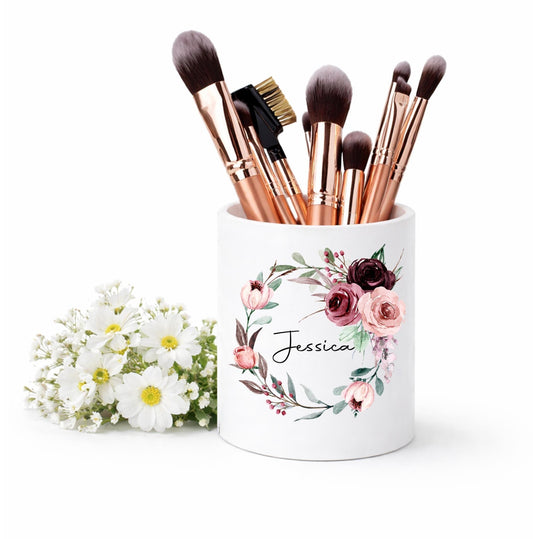 Personalised floral wreath Makeup Brush Holder watercolour burgundy wreath Makeup brush Ceramic Pot