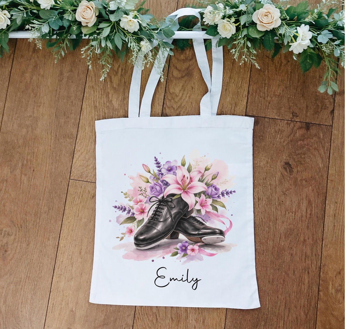 Personalised floral tap shoe tote bag, dance bag, gift for tap dancer, tap dance storage bag