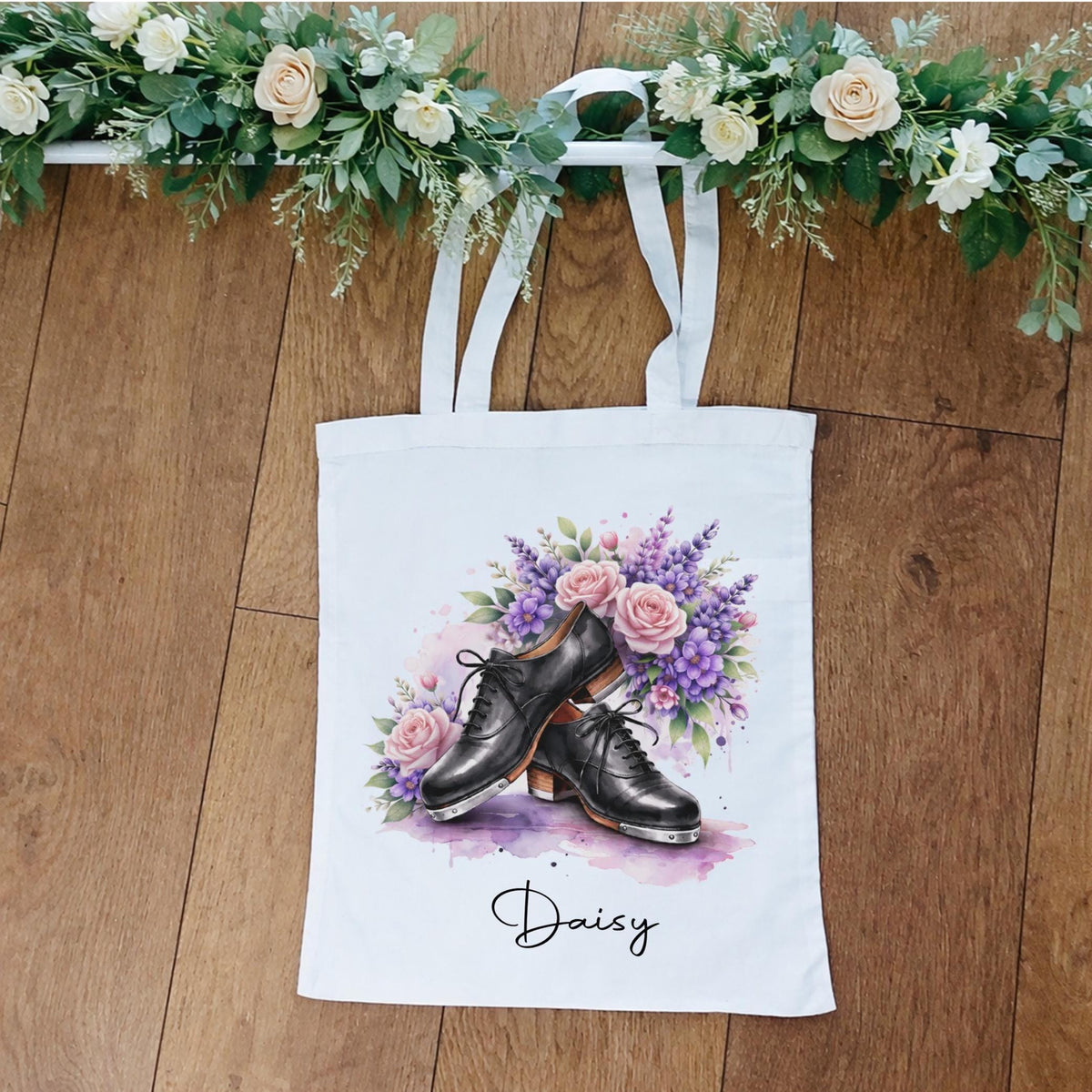 Personalised floral tap shoe tote bag, dance bag, gift for tap dancer, tap dance storage bag
