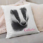 Personalised pencil drawn badger cushion, pencil sketch badger, badger cushion