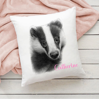 Personalised pencil drawn badger cushion, pencil sketch badger, badger cushion