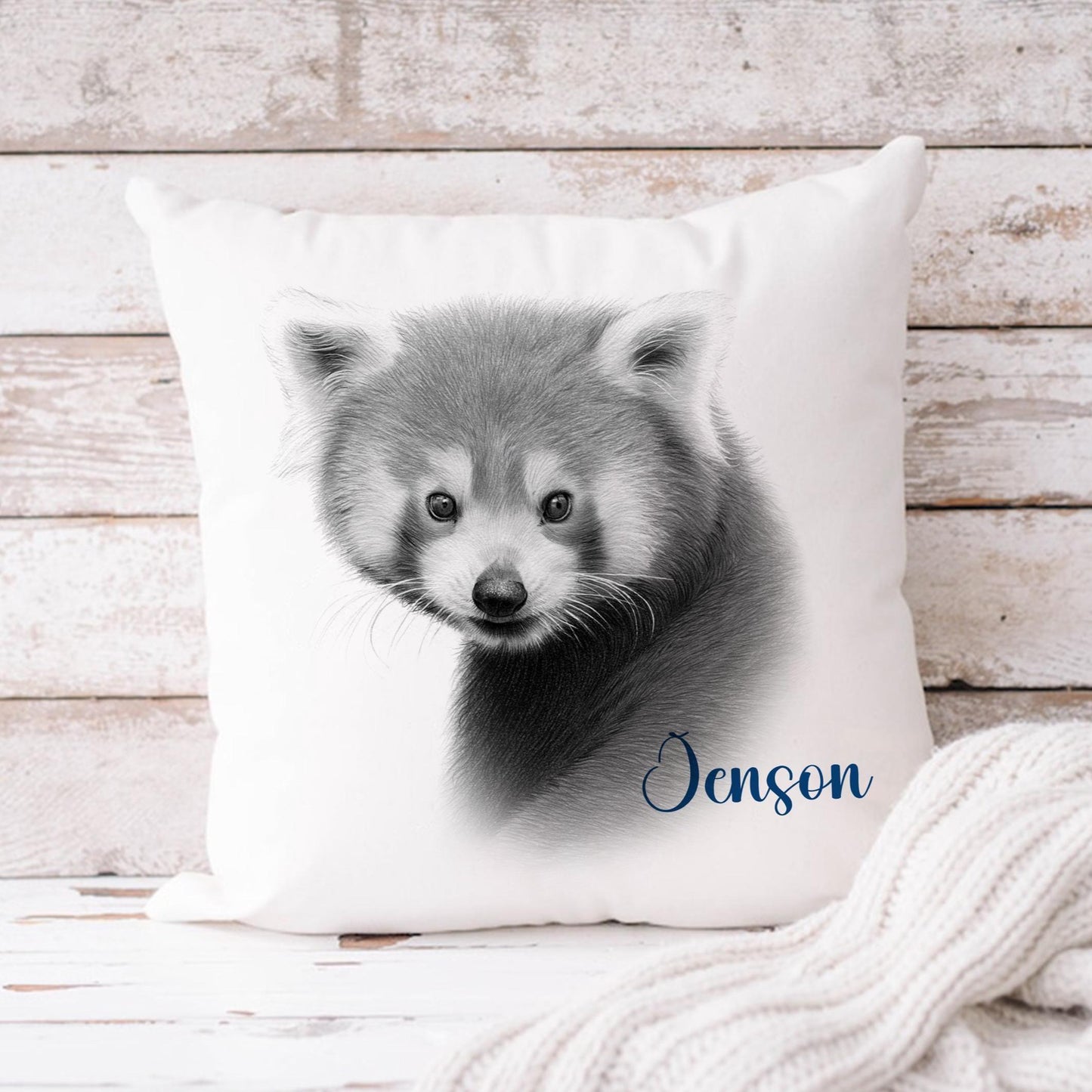 Personalised pencil drawn red panda cushion, pencil sketch panda, red panda cushion