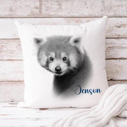 Personalised pencil drawn red panda cushion, pencil sketch panda, red panda cushion