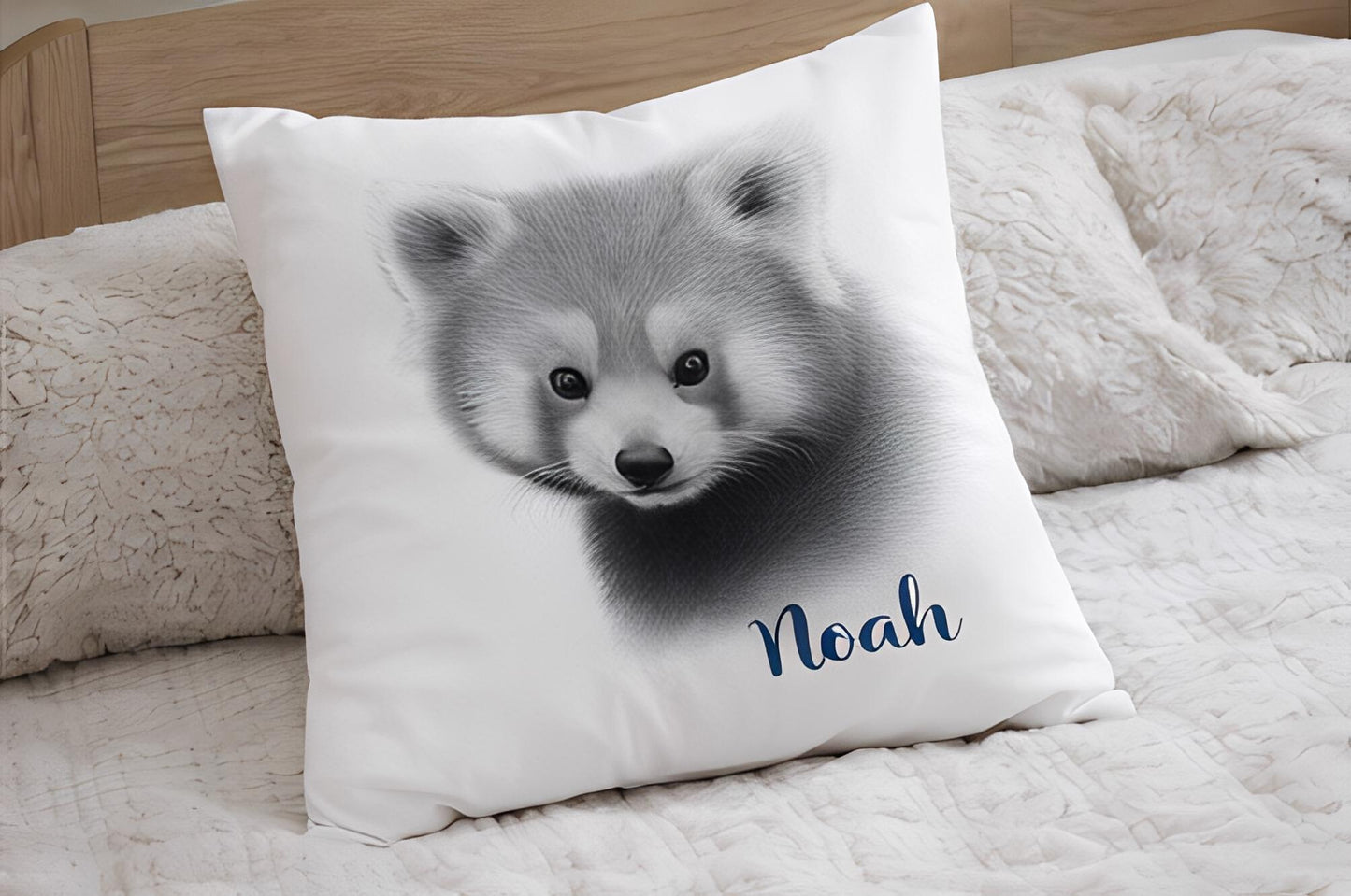 Personalised pencil drawn red panda cushion, pencil sketch panda, red panda cushion