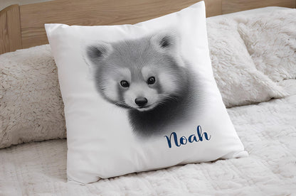 Personalised pencil drawn red panda cushion, pencil sketch panda, red panda cushion
