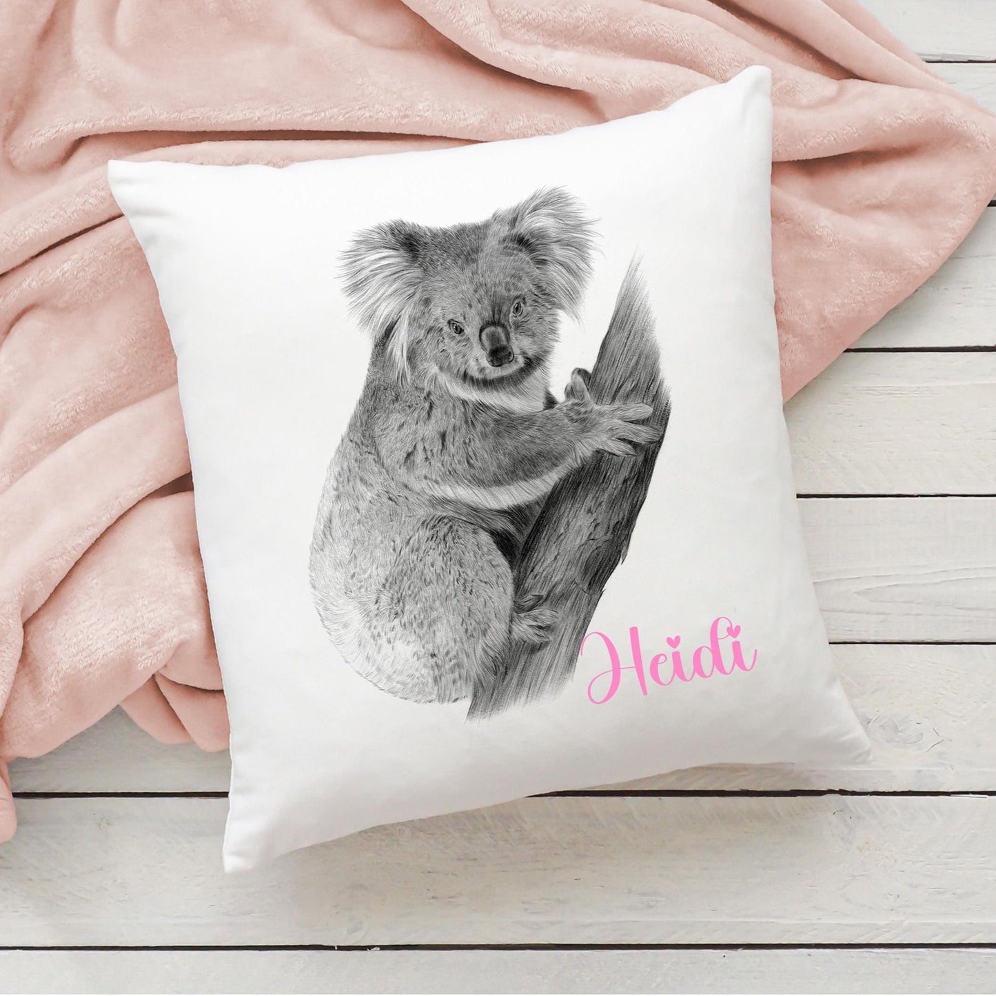 Personalised pencil drawn koala cushion, pencil sketch koala, personalised koala cushion