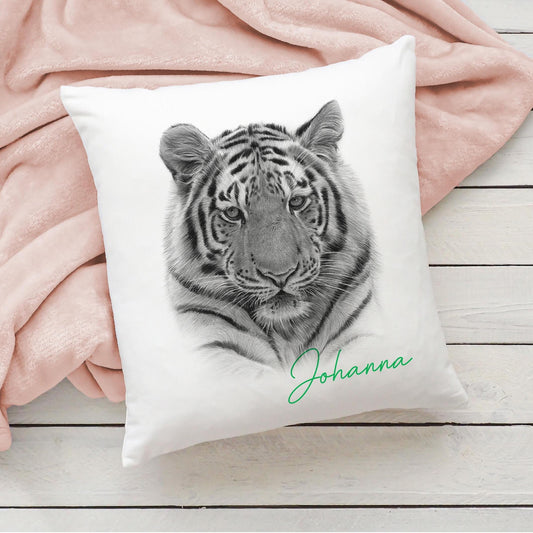 Personalised pencil drawn tiger cushion, pencil sketch tiger, personalised black and white tiger cushion