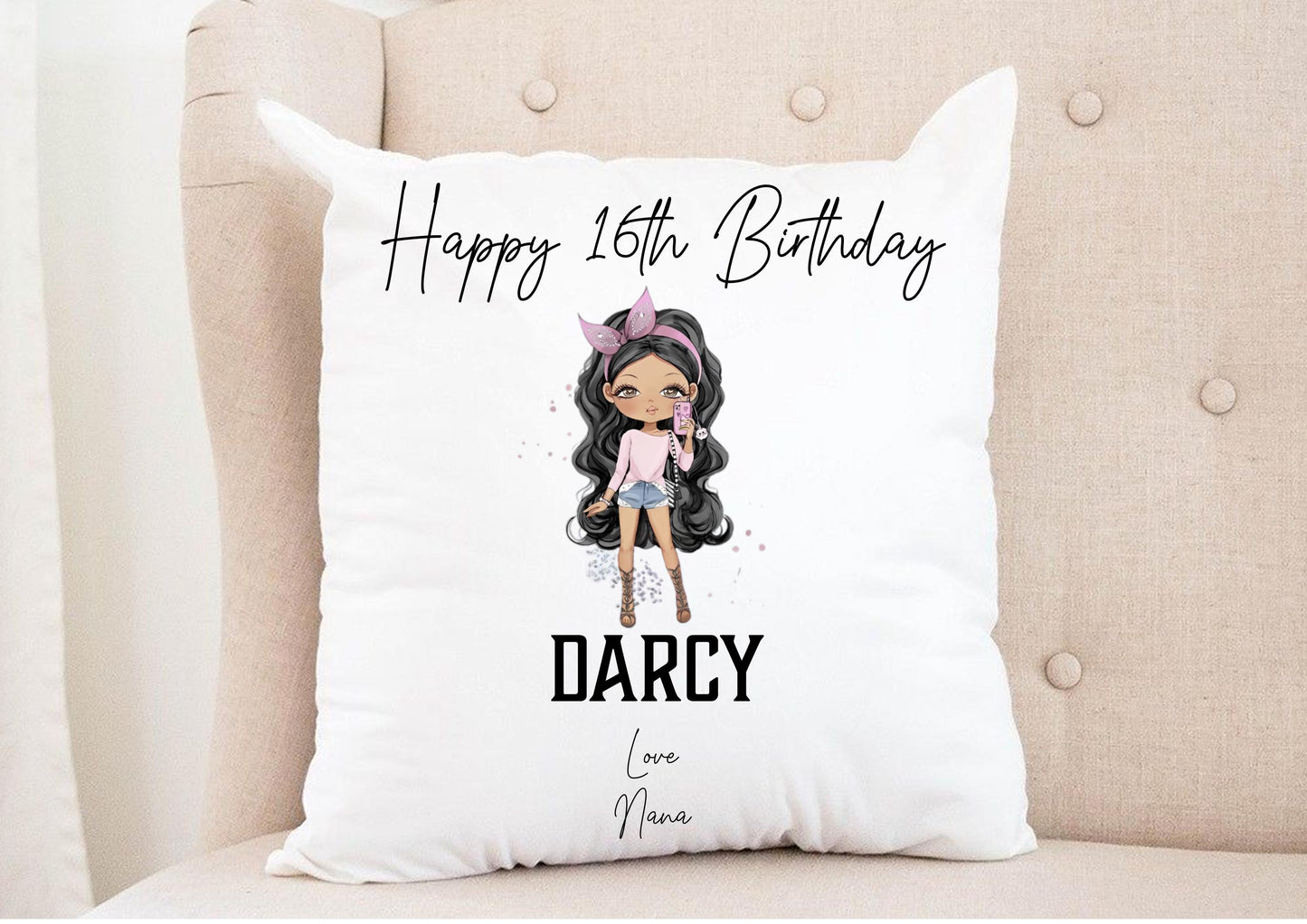Personalised TEEN character birthday cushion, any age, your choice of personalisation