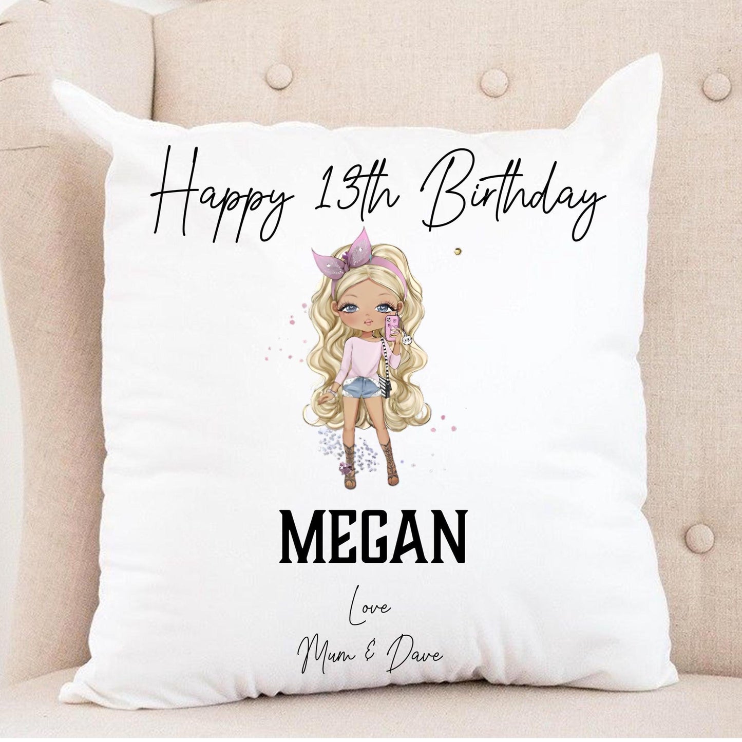 Personalised TEEN character birthday cushion, any age, your choice of personalisation