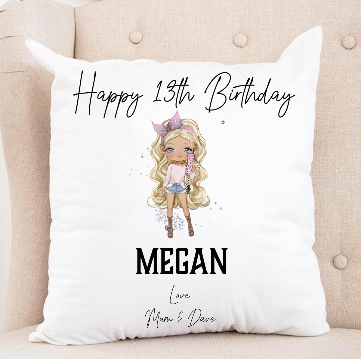 Personalised TEEN character birthday cushion, any age, your choice of personalisation