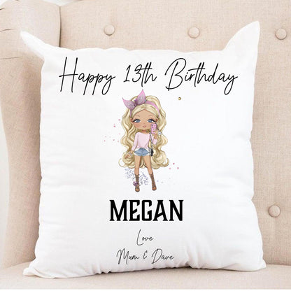 Personalised TEEN character birthday cushion, any age, your choice of personalisation