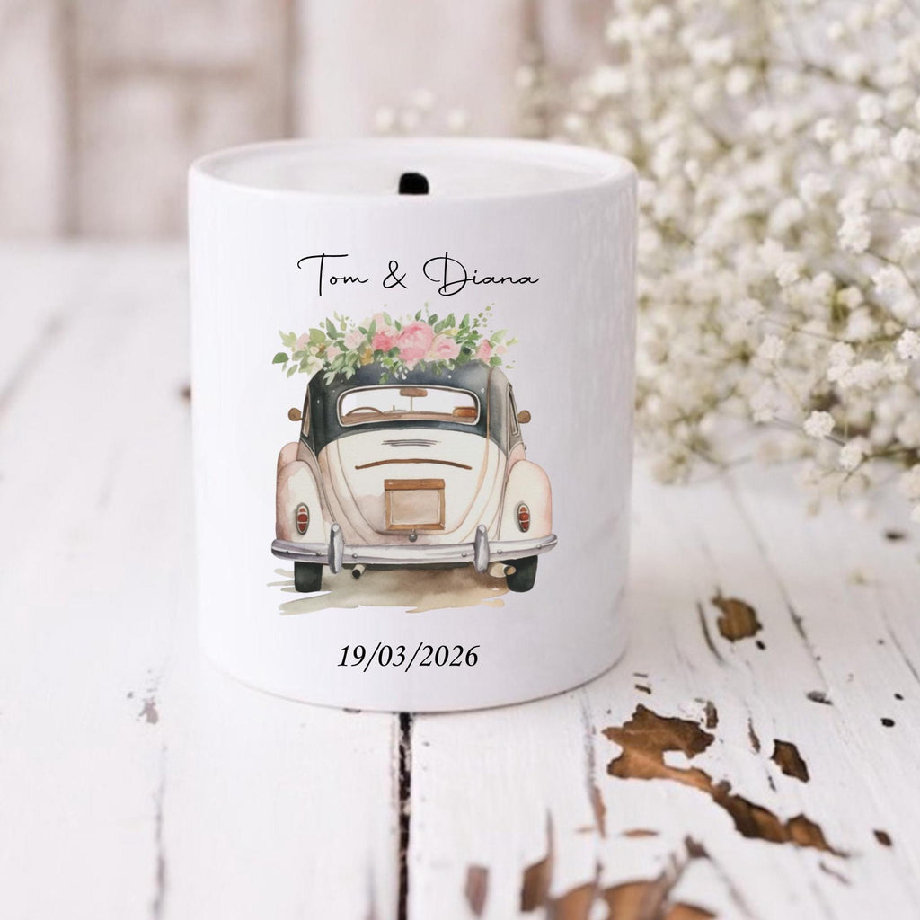 Personalised wedding savings, wedding fund, wedding car moneybox,