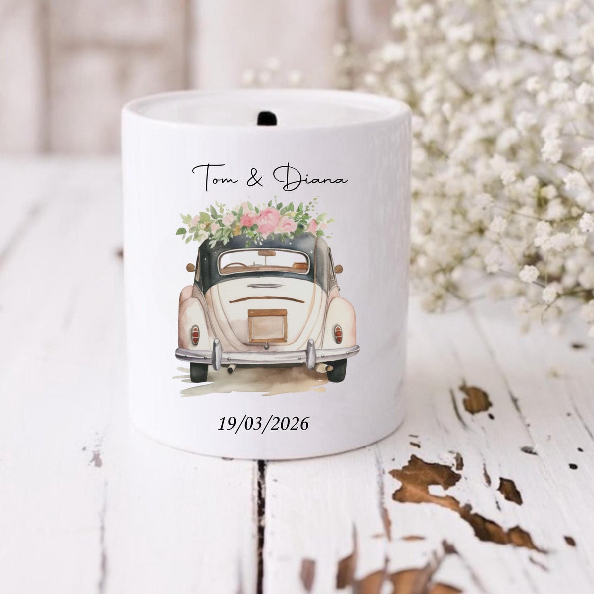 Personalised wedding savings, wedding fund, wedding car moneybox,