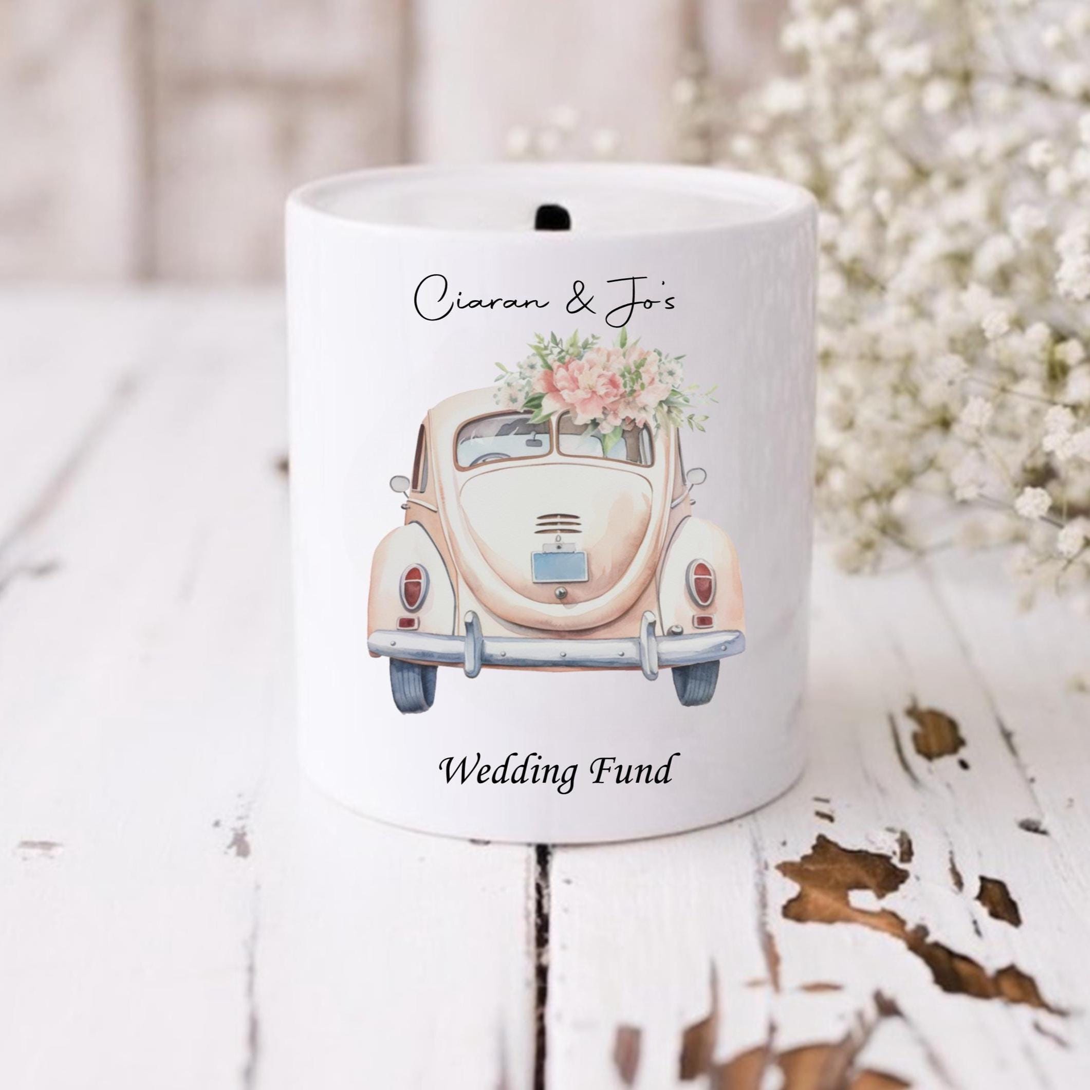 Personalised wedding savings, wedding fund, wedding car moneybox,
