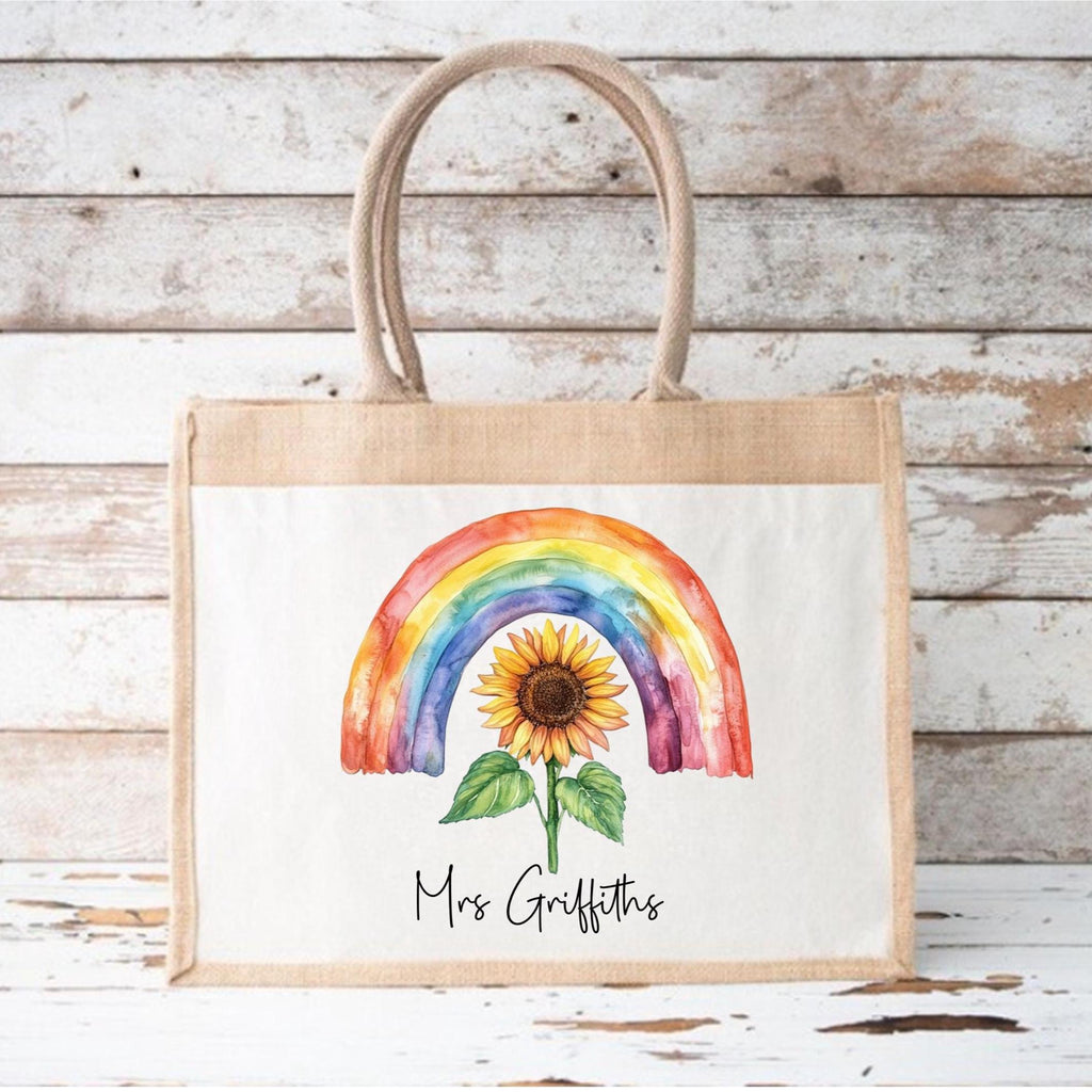 Personalised sunflower rainbow tote bag,  Jute bag, personalised Jute tote bag, Pocket Jute Shopper Bag, gift for teacher, gift for Nan