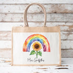 Personalised sunflower rainbow tote bag,  Jute bag, personalised Jute tote bag, Pocket Jute Shopper Bag, gift for teacher, gift for Nan