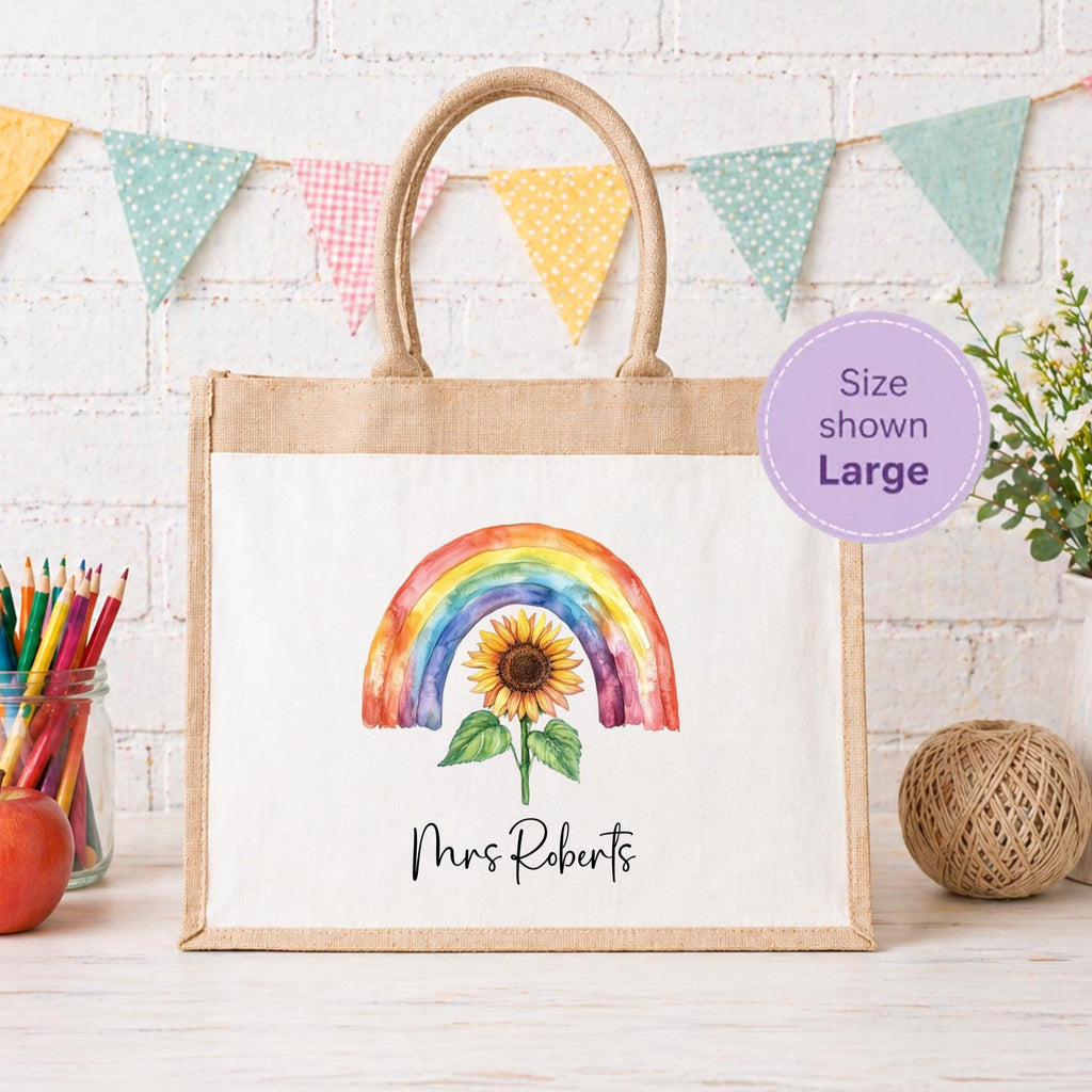 Personalised sunflower rainbow tote bag,  Jute bag, personalised Jute tote bag, Pocket Jute Shopper Bag, gift for teacher, gift for Nan