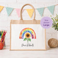 Personalised sunflower rainbow tote bag,  Jute bag, personalised Jute tote bag, Pocket Jute Shopper Bag, gift for teacher, gift for Nan