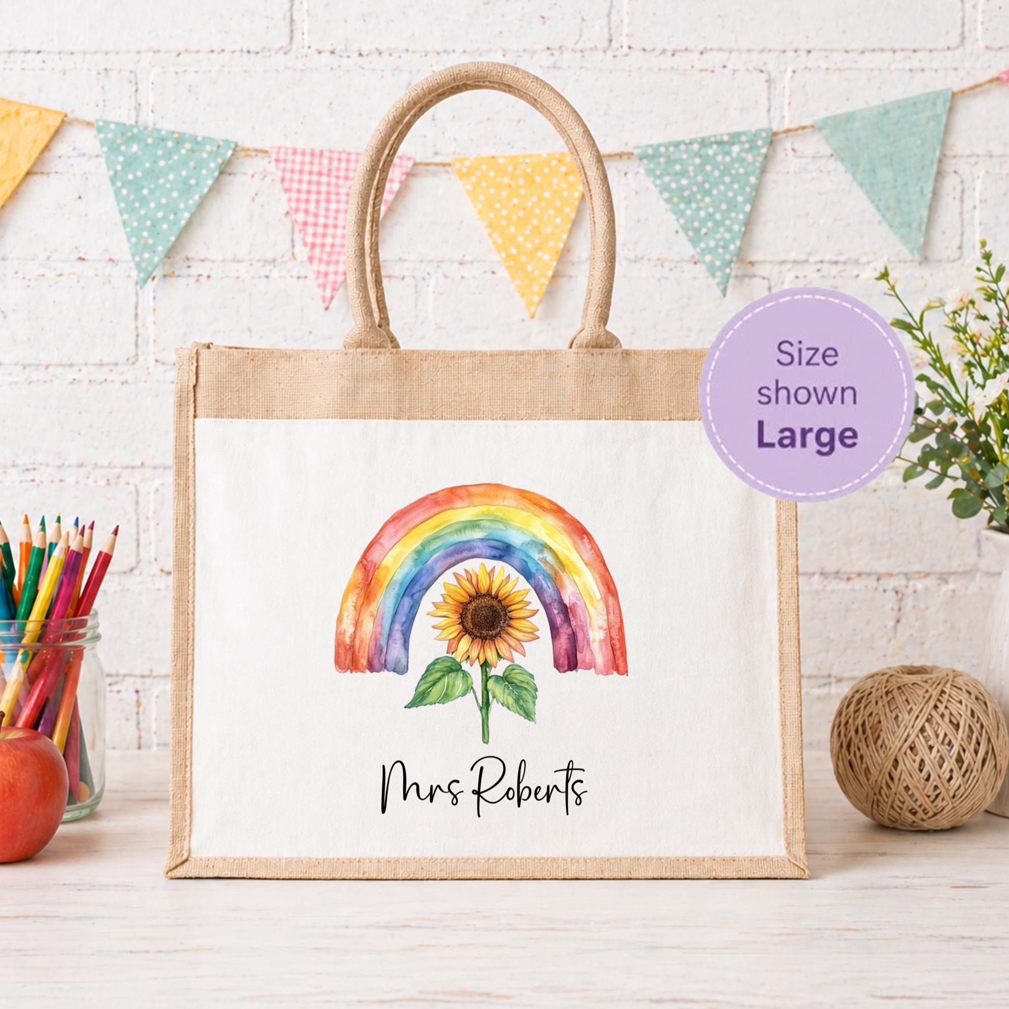 Personalised sunflower rainbow tote bag,  Jute bag, personalised Jute tote bag, Pocket Jute Shopper Bag, gift for teacher, gift for Nan