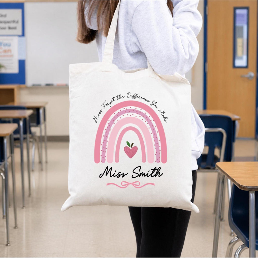 Personalised teacher rainbow tote bag, teacher shopping bag, gift for teacher, end of term gift
