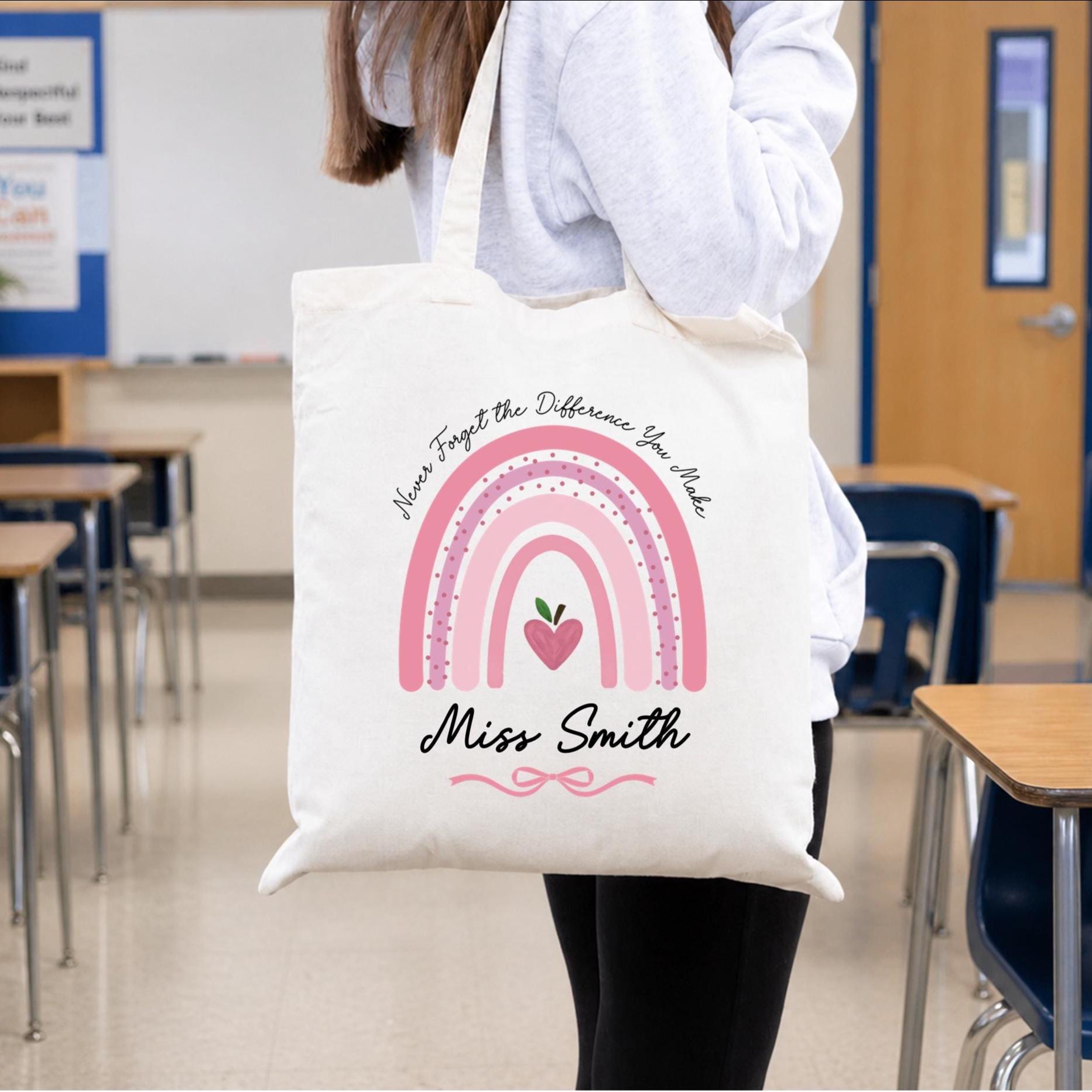 Personalised teacher rainbow tote bag, teacher shopping bag, gift for teacher, end of term gift