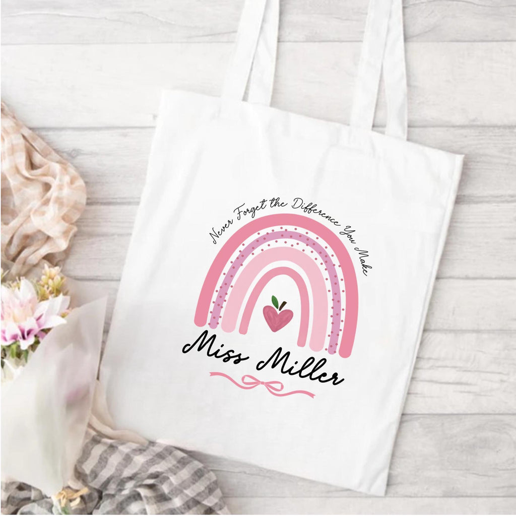 Personalised teacher rainbow tote bag, teacher shopping bag, gift for teacher, end of term gift